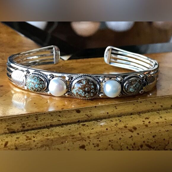 Royston Blue Horizon Turquoise White Pearl Sterling Silver Cuff Bracelet - Picture 7 of 7